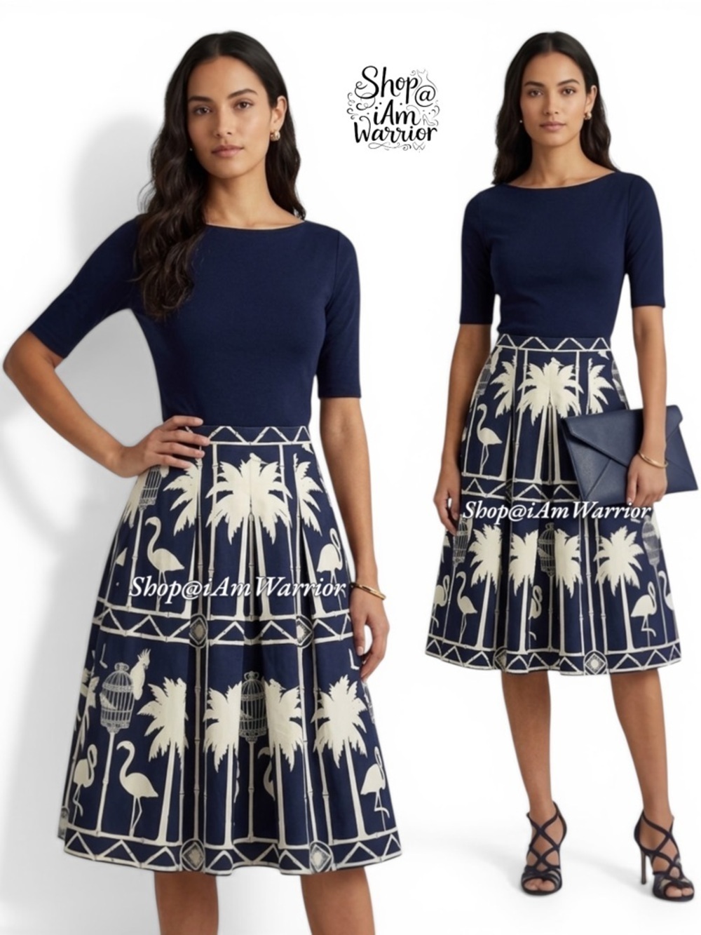 Talbots navy blue & off white flamingo palm tree a-line skirt *shop@iamwarrior